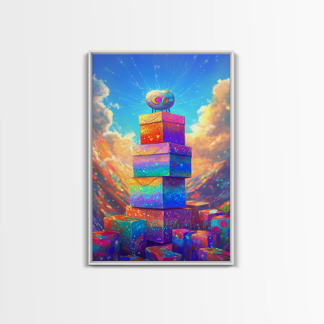 Sparkling Rainbow Gift Boxes In Mountain Sky Canvas Print, Whimsical Wall Art For Kids Room Nursery Decor And Birthday Gift