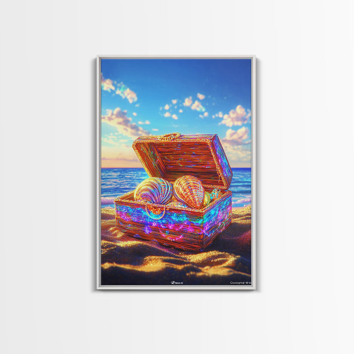 Glittering Seashell Treasure Chest Canvas Print, Coastal Beach House Decor, Ocean Wall Art, Nautical Gift For Her Home Decor
