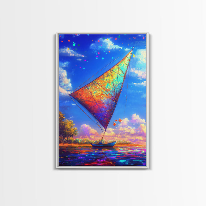 Rainbow Sailboat On Sparkling Water Wall Art, Coastal Canvas Print, Nautical Decor, Ocean Art, Beach House Gift, Home Decor