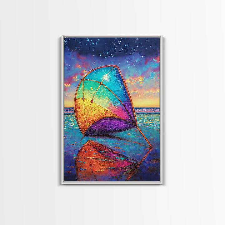 Rainbow Beach Sail At Twilight Canvas Print, Coastal Wall Art, Ocean Seascape Decor, Nautical Beach House Gift, Home Decor