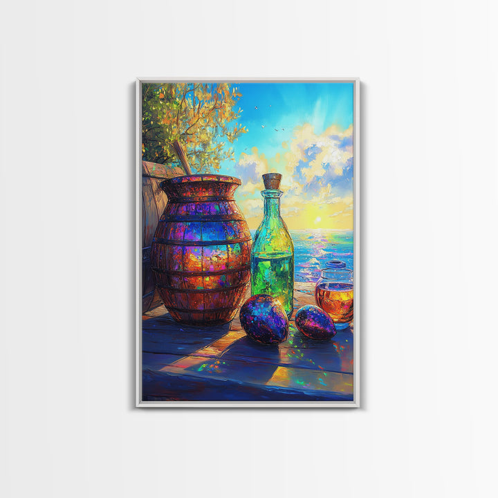 Coastal Bottle Vase And Figs Framed Canvas Print, Mediterranean Kitchen Wall Art, Wine Decor, Beach House Decor, Fine Art Print