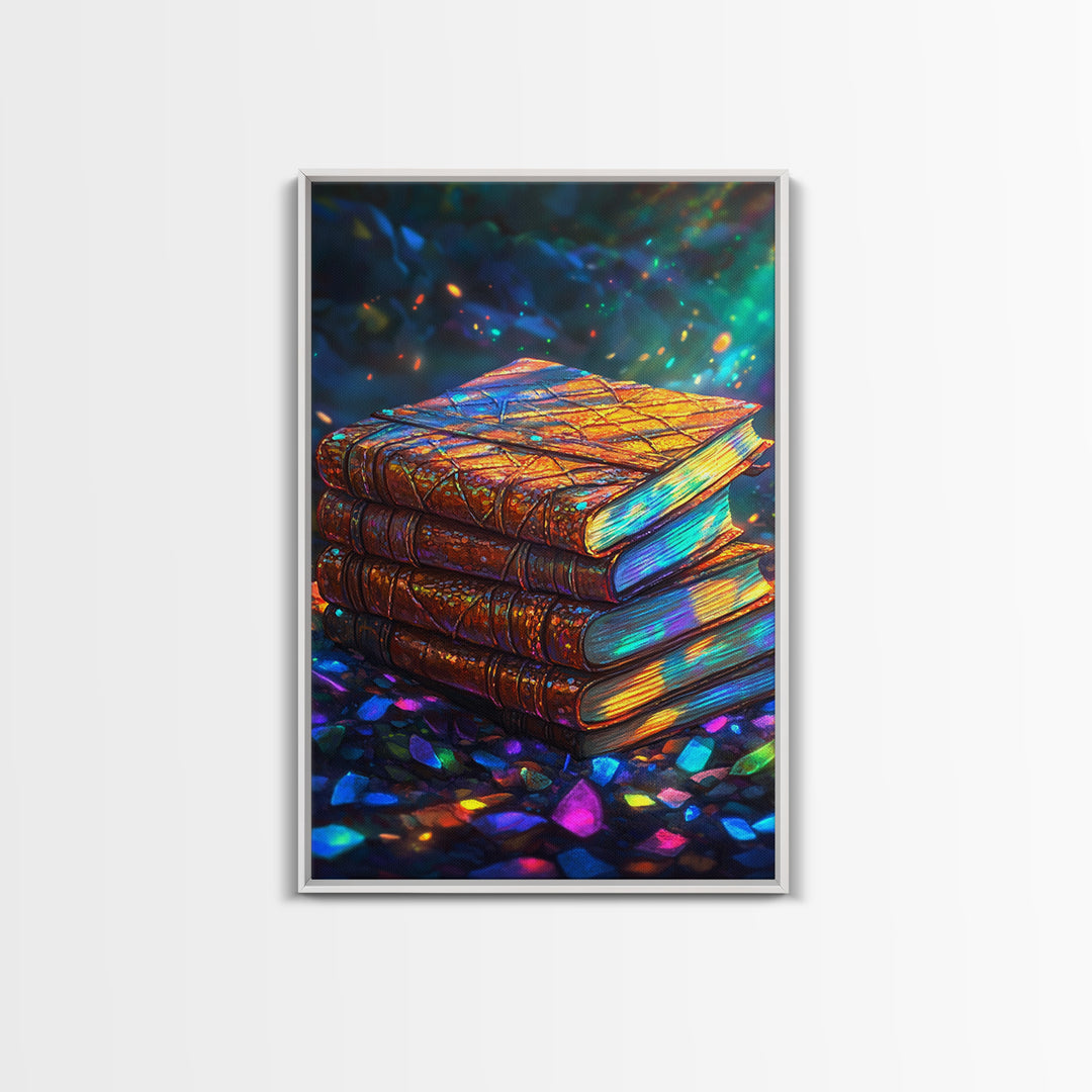 Glowing Antique Books Stack Canvas Print, Bookish Wall Art, Cozy Library Decor, Dark Academia Gift For Book Lover, Home Decor