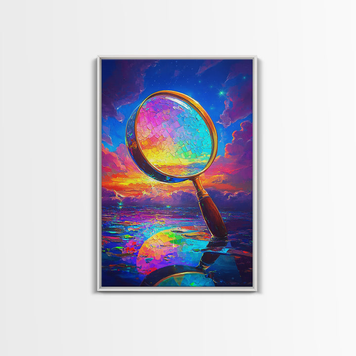 Rainbow Magnifying Glass At Sunset Canvas Print, Surreal Ocean Wall Art, Coastal Seascape Decor, Unique Office Art Gift For Him