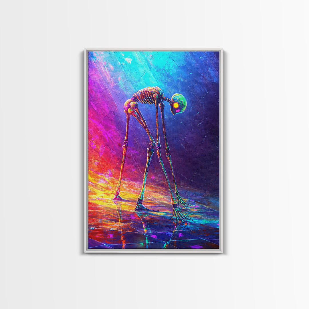 Neon Rainbow Skeleton Walker Framed Canvas Print, Surreal Dark Art, Gothic Wall Decor, Dystopian Sci Fi Artwork Gift For Him