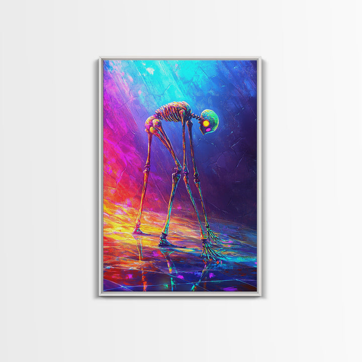 Neon Rainbow Skeleton Walker Framed Canvas Print, Surreal Dark Art, Gothic Wall Decor, Dystopian Sci Fi Artwork Gift For Him