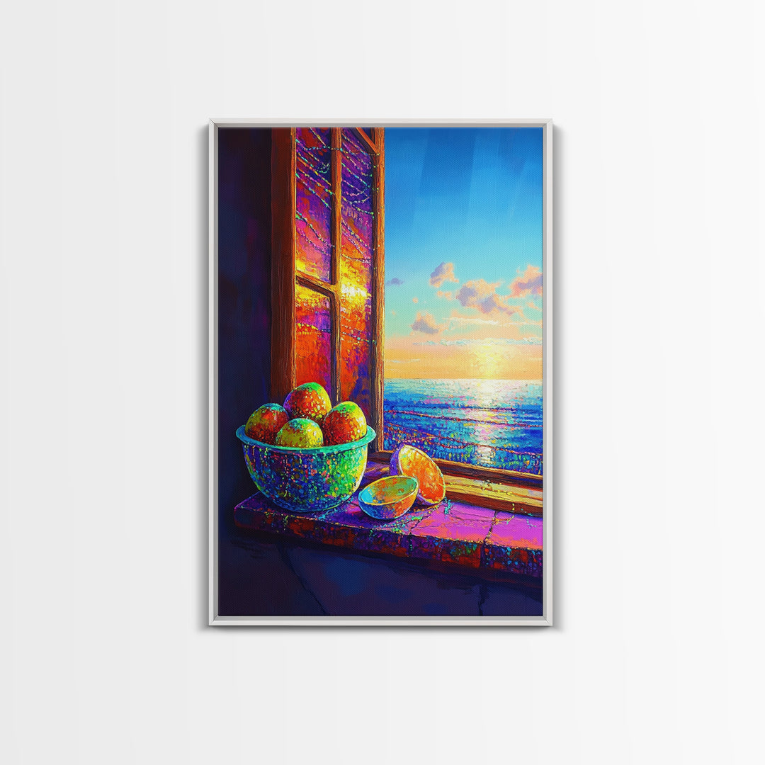 Sunlit Oranges By Ocean Window Canvas Print, Coastal Kitchen Wall Art, Beach House Decor, Vibrant Fruit Still Life Gift For Her