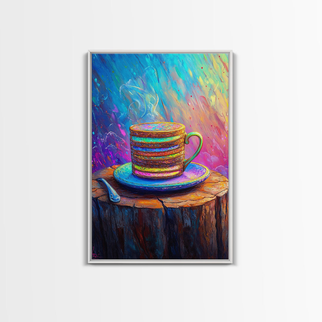 Steaming Rainbow Coffee Cup On Rustic Stump Canvas Print, Cozy Kitchen Wall Art, Coffee Bar Decor, Gift For Coffee Lover