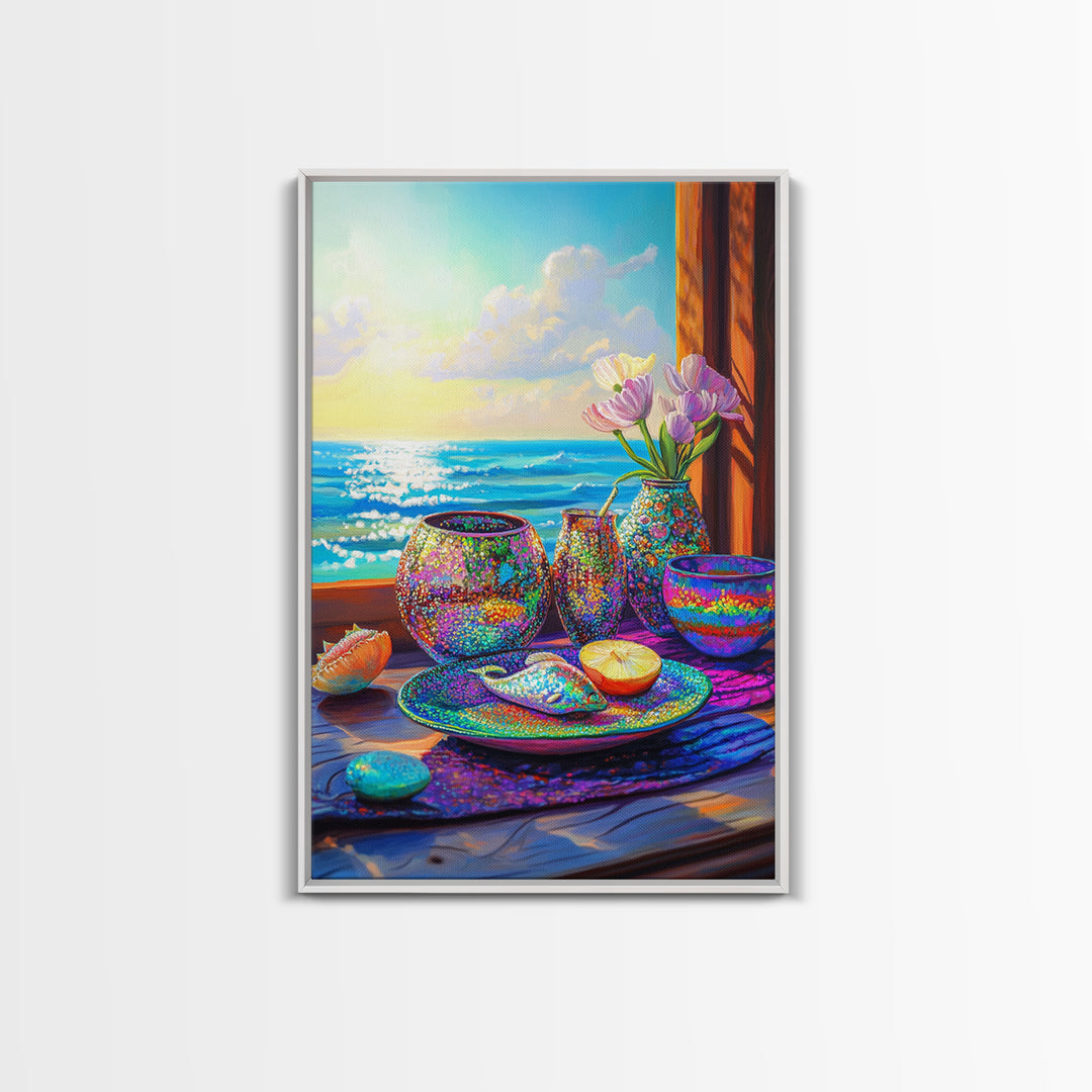 Seaside Shells And Flowers On Sunny Table Canvas Print, Coastal Kitchen Wall Art, Beach House Decor, Ocean Home Decor Gift