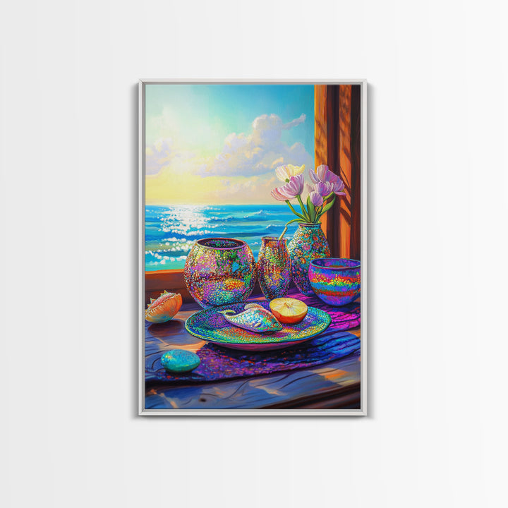 Seaside Shells And Flowers On Sunny Table Canvas Print, Coastal Kitchen Wall Art, Beach House Decor, Ocean Home Decor Gift