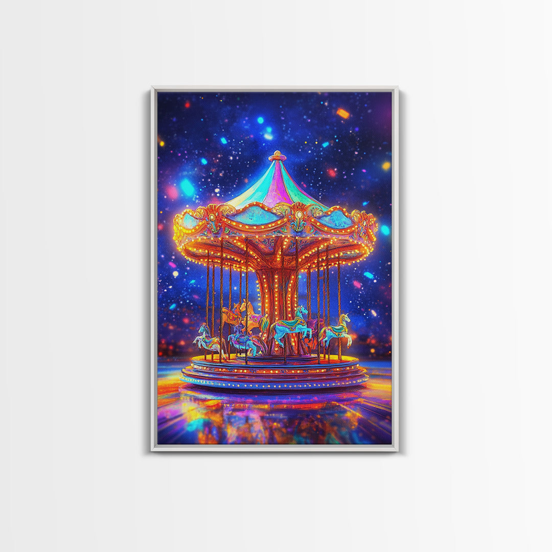 Glowing Carousel Horses Under Starry Sky Canvas Print, Whimsical Wall Art, Nursery Decor, Fantasy Art, Kids Room Decor Gift