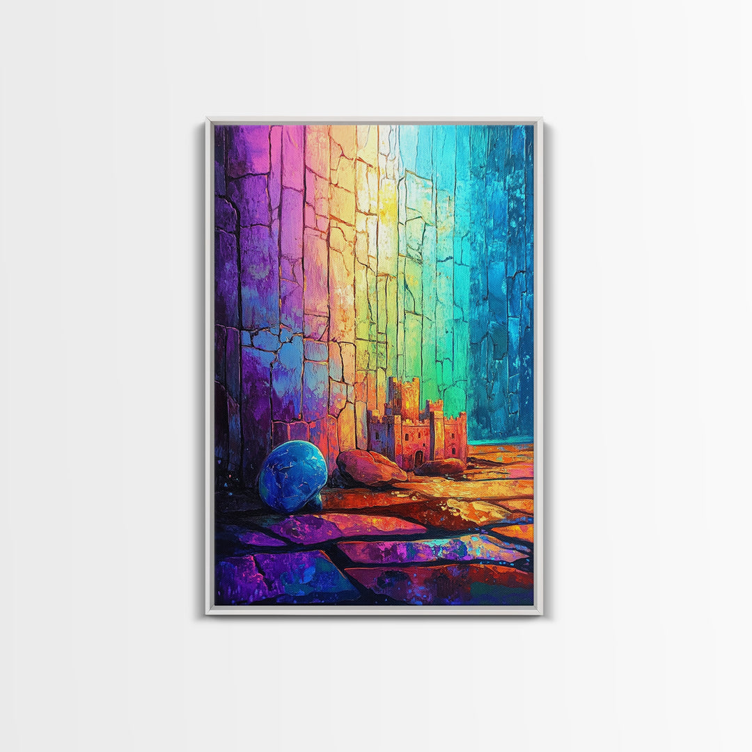 Tiny Castle And Blue Ball In Rainbow Light Framed Canvas Print, Abstract Wall Art, Colorful Decor, Whimsical Fantasy Gift