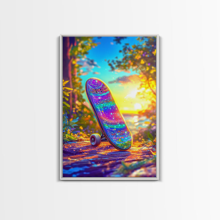 Rainbow Glitter Skateboard At Golden Sunset Wall Art, Canvas Print, Colorful Teen Room Decor, Skateboard Poster, Unique Gift