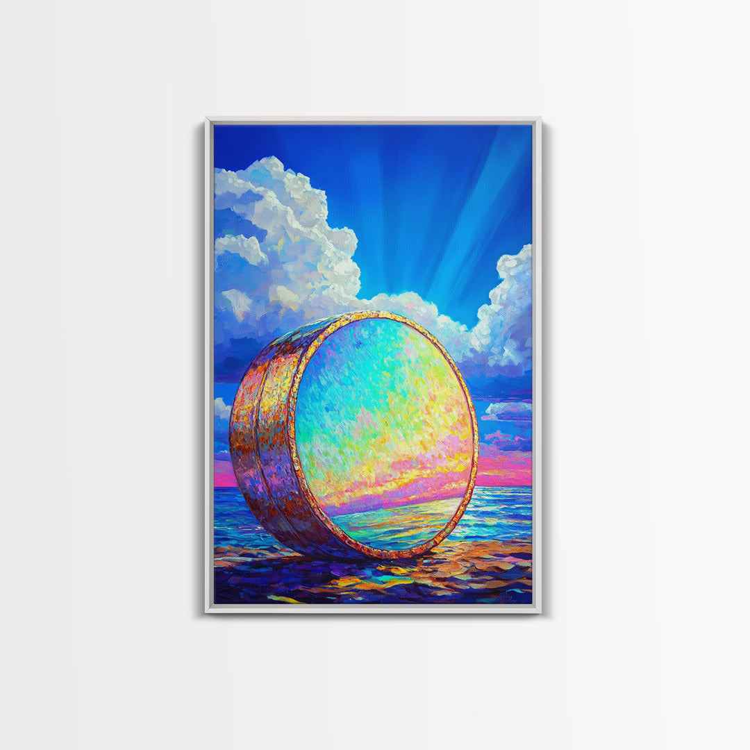 Iridescent Ocean Drum Under Blue Sky Canvas Print, Coastal Wall Art, Music Room Decor, Seascape Art Print, Colorful Gift