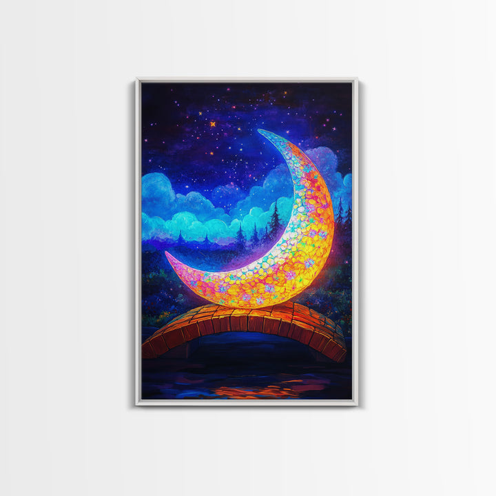 Glowing Crescent Moon Bridge Wall Art, Celestial Canvas Print, Fantasy Nursery Decor, Whimsical Night Sky Art Gift For Kids Room