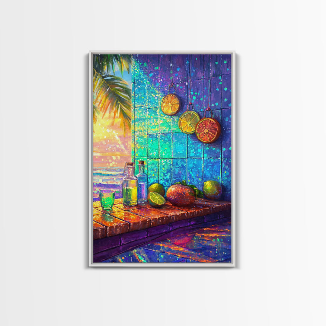 Tropical Citrus Window Still Life Framed Canvas Print, Coastal Kitchen Wall Art, Beach House Decor, Colorful Bar Art Poster