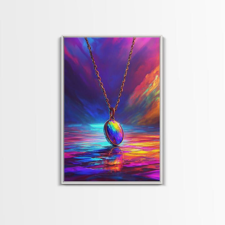 Rainbow Pendant Necklace Over Sunset Sea Framed Canvas Print, Colorful Wall Art, Jewelry Lover Gift, Romantic Ocean Decor