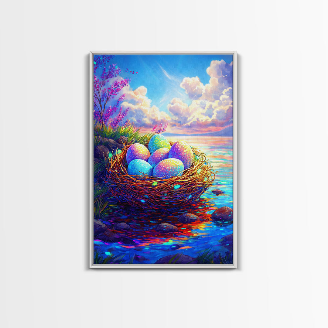 Pastel Eggs In Seaside Nest Wall Art, Colorful Coastal Canvas Print, Easter Nursery Decor, Whimsical Housewarming Gift