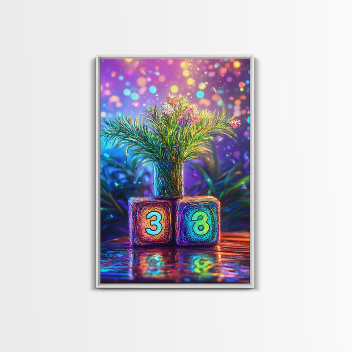 Number Blocks With Blooming Plant Wall Art, Colorful Nursery Canvas Print, Kids Room Decor, Baby Shower Housewarming Gift