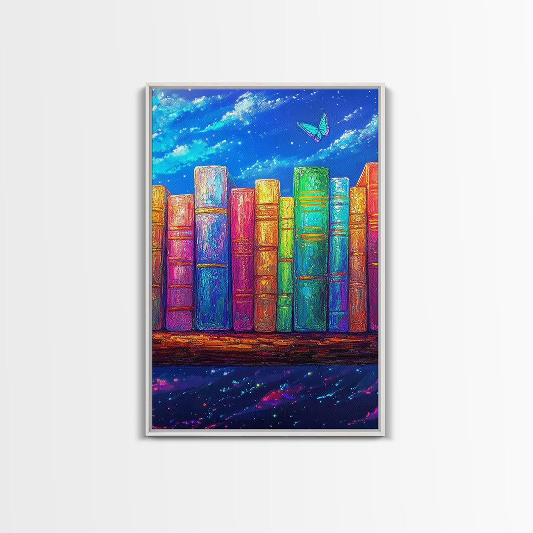 Rainbow Books Under Starry Sky Wall Art, Colorful Library Canvas Print, Book Lover Gift, Reading Nook Home Office Decor Print