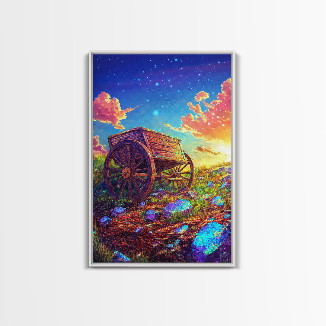 Rustic Wooden Wagon In Starry Meadow Wall Art, Colorful Country Landscape Canvas Print, Western Farmhouse Decor Housewarming Gift