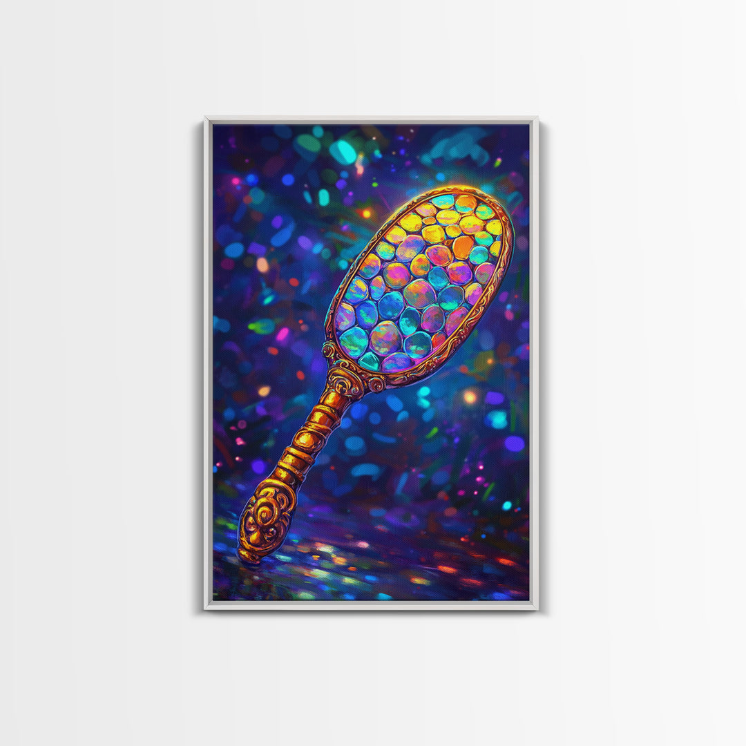 Iridescent Hand Mirror Wall Art, Rainbow Glass Painting, Maximalist Bathroom Decor, Dopamine Decor, Framed Canvas Print, Gift