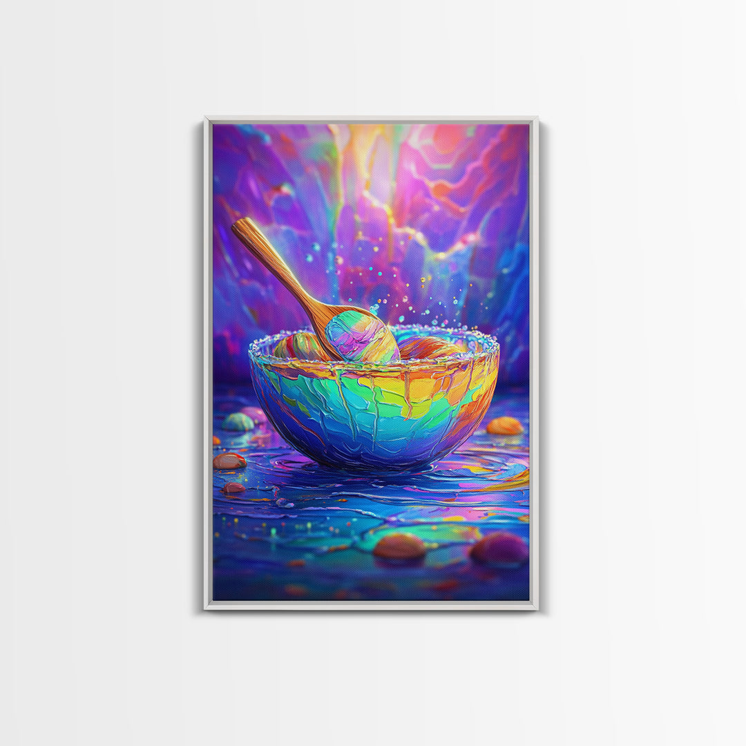 Rainbow Bowl And Spoon Canvas Print, Colorful Kitchen Still Life Painting, Dopamine Decor, Whimsical Wall Art, Foodie Gift