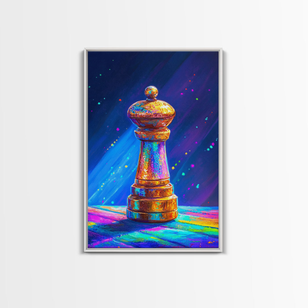Glowing Rainbow Chess Piece Framed Canvas Print, Game Room Art, Masculine Office Decor, Modern Wall Art, Home Office Decor, Gift For Him