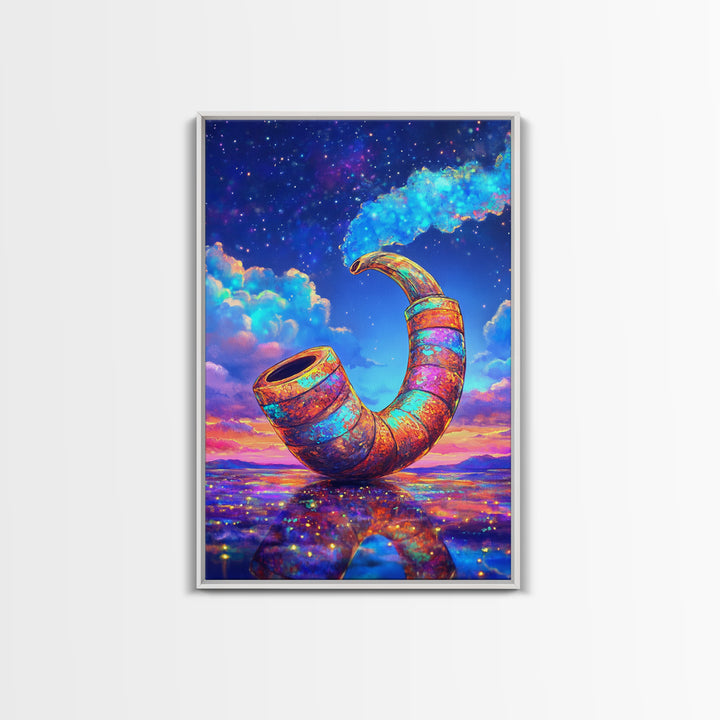 Cosmic Rainbow Smoking Pipe Framed Canvas Print, Surreal Wall Art, Psychedelic Space Decor, Colorful Statement Wall Art