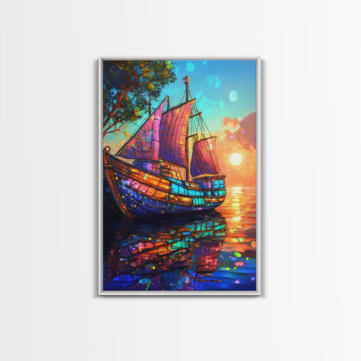 Stained Glass Sailboat At Sunset Canvas Print, Coastal Wall Art, Nautical Decor, Ocean Seascape Living Room Wall Art, Beach House Decor