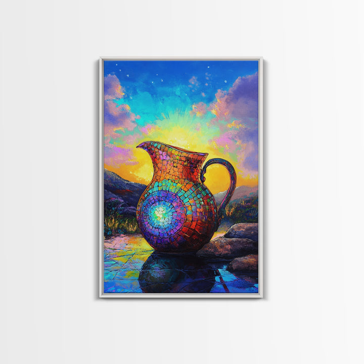 Mosaic Rainbow Pitcher At Sunrise Framed Canvas Print, Colorful Wall Art, Southwestern Decor, Mountain Landscape Painting