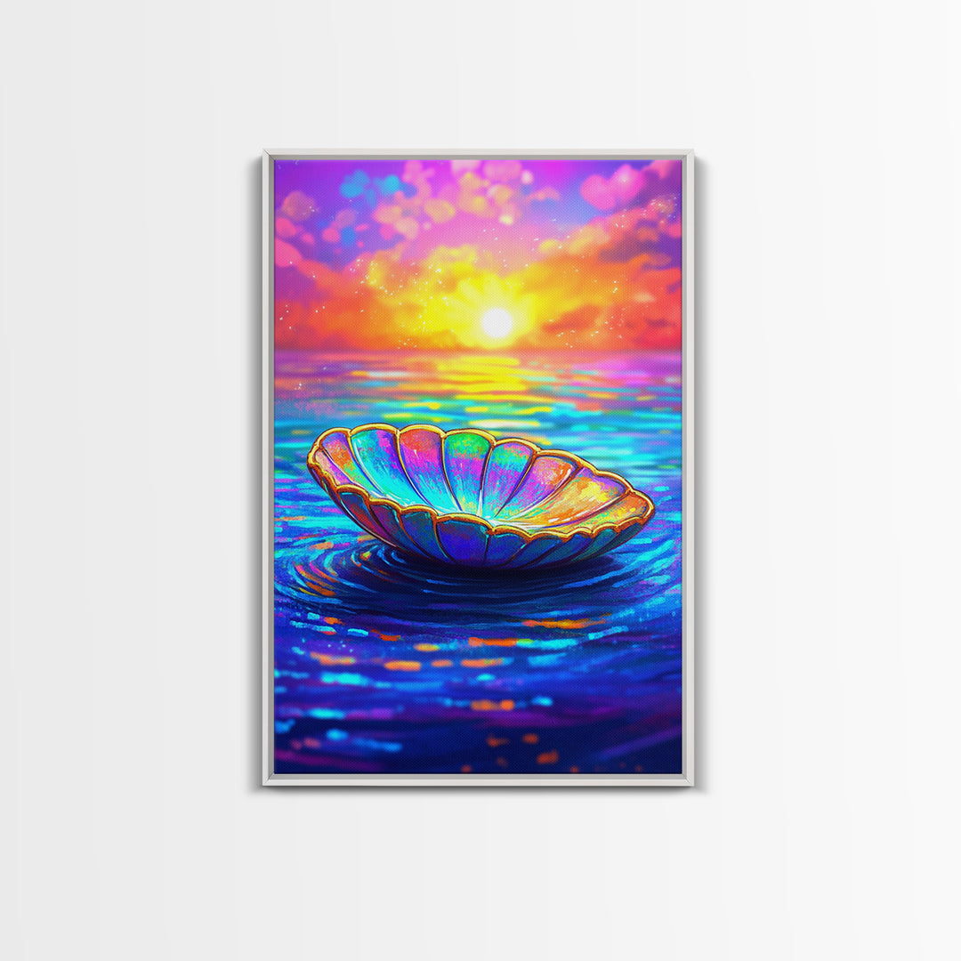 Iridescent Shell Bowl At Ocean Sunset Wall Art, Coastal Decor, Beach House Art, Colorful Seascape Canvas Print, Living Room Wall Art