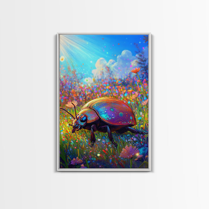 Rainbow Ladybug In Sunlit Wildflower Meadow Canvas Print, Whimsical Animal Art, Nature Wall Art, Bright Colorful Nursery Decor