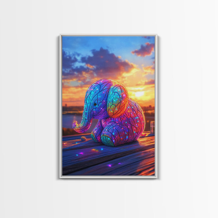 Glowing Rainbow Baby Elephant At Sunset Wall Art, Whimsical Animal Art, Nursery Wall Art, Colorful Kids Room Decor Cute Gift