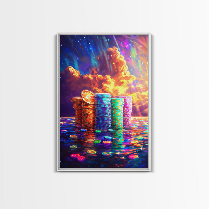 Glowing Crypto Coin Stacks Under Cosmic Sky Canvas Print, Bitcoin Art, Neon Wall Art, Gamer Room Decor, Gift For Him, Modern Art