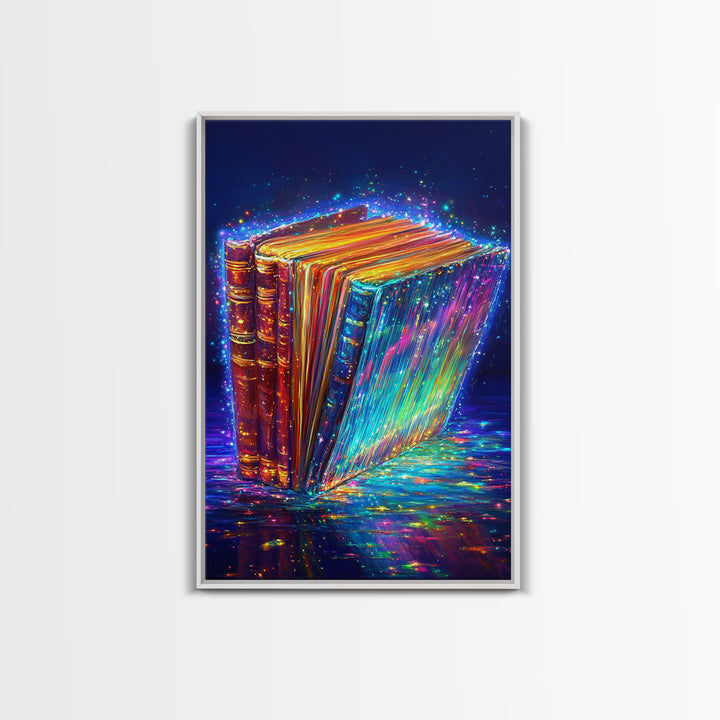 Glowing Rainbow Books With Sparkling Magic Wall Art, Library Decor, Book Lover Gift, Dark Academia, Fantasy Art Print, Home Decor
