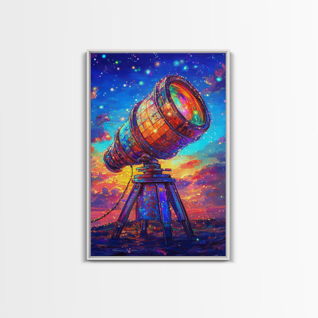 Rainbow Telescope Under Starry Sunset Sky Canvas Print, Astronomy Wall Art, Space Decor, Celestial Art, Gift For Him, Sci Fi Art