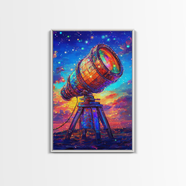 Rainbow Telescope Under Starry Sunset Sky Canvas Print, Astronomy Wall Art, Space Decor, Celestial Art, Gift For Him, Sci Fi Art