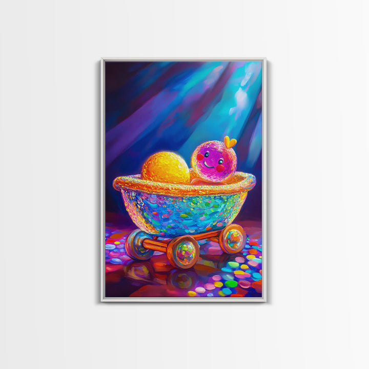 Whimsical Toy Wagon With Smiling Doll Canvas Print, Colorful Nursery Wall Art, Playroom Decor, Kids Room Art, Cute Gift Idea