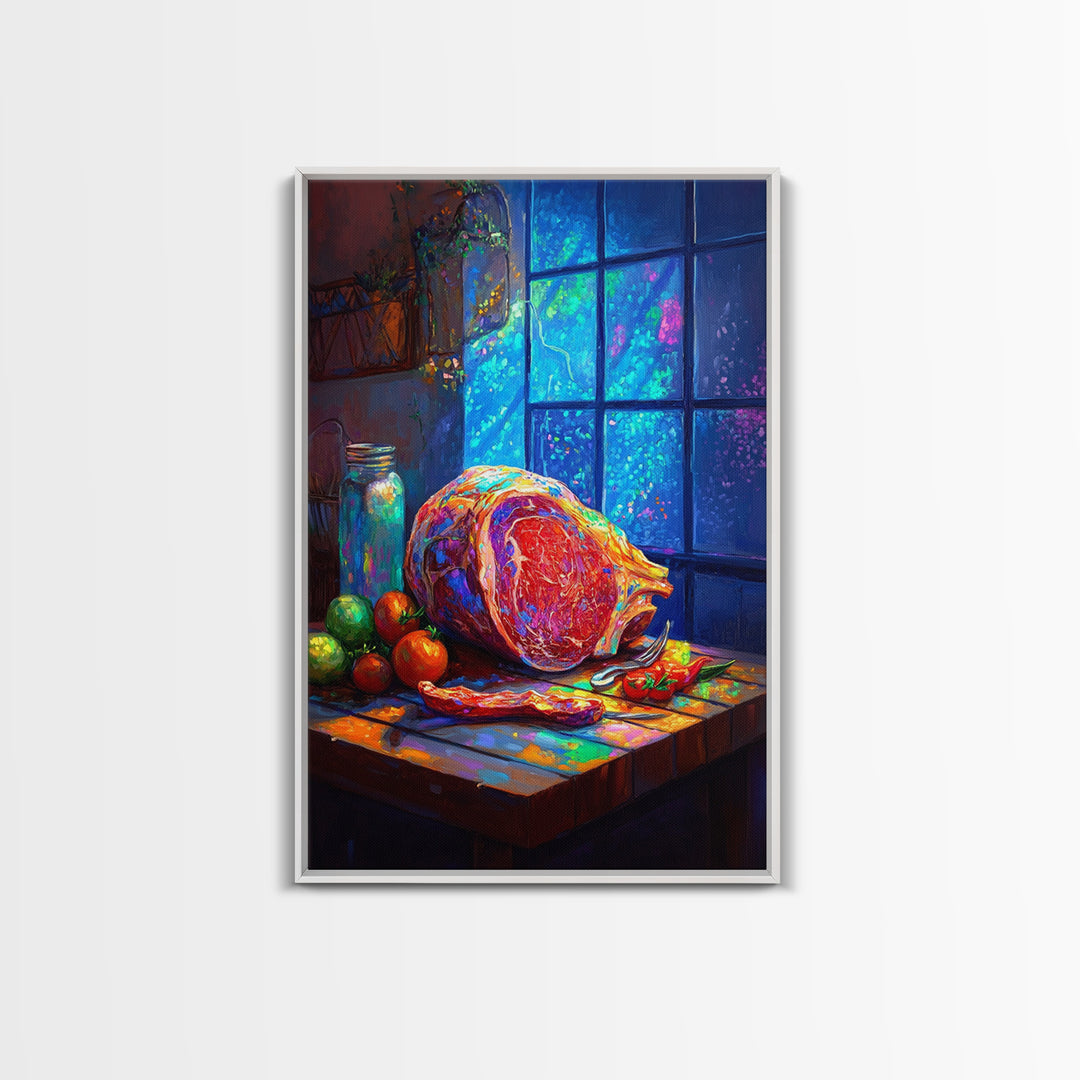 Rustic Ham Still Life By Blue Window Wall Art, Kitchen Canvas Print, Food Art, Farmhouse Decor, Dining Room Print, Housewarming Gift