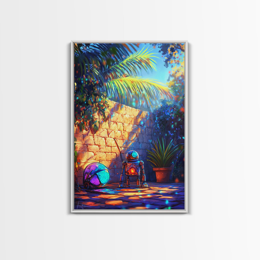 Tiny Robot With Yarn In Tropical Courtyard Canvas Print, Whimsical Sci Fi Wall Art, Futuristic Decor, Kids Room Art, Gift