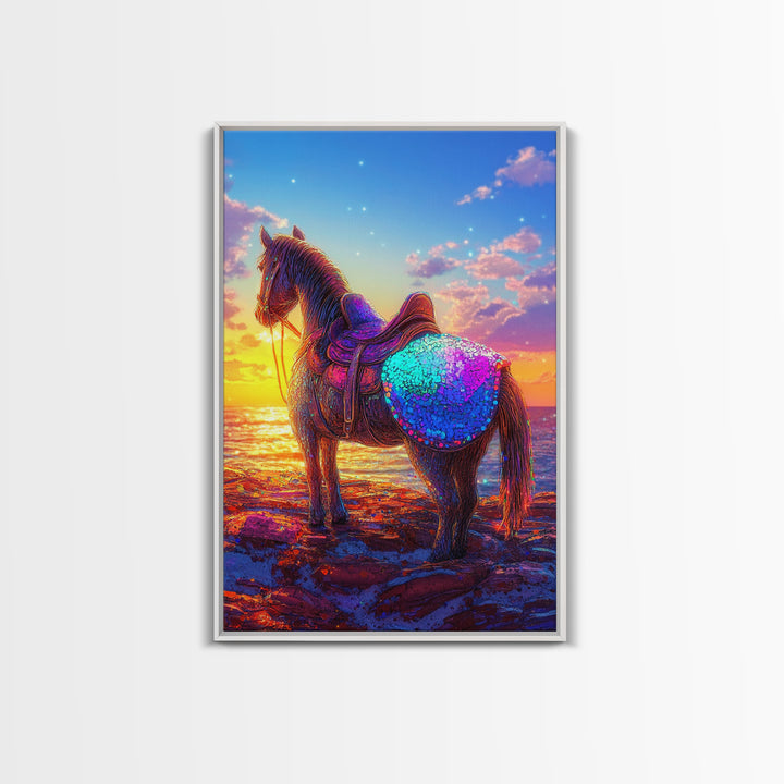 Sunset Horse On Beach Framed Canvas Print, Western Wall Art, Coastal Cowgirl Decor, Equestrian Gift For Horse Lover, Living Room Decor