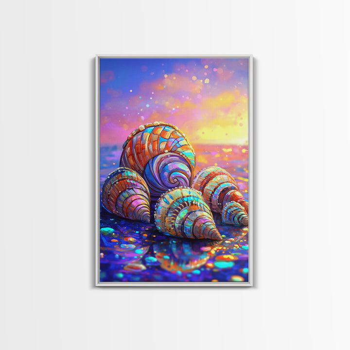 Rainbow Seashells On Sunset Shore Canvas Print, Coastal Wall Art, Beach House Decor, Ocean Wall Decor, Summer Gift For Her
