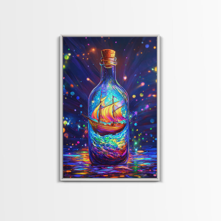 Glowing Ship In A Bottle Framed Canvas Print, Nautical Wall Art, Fantasy Ocean Decor, Coastal Gift For Him Or Her, Statement Artwork
