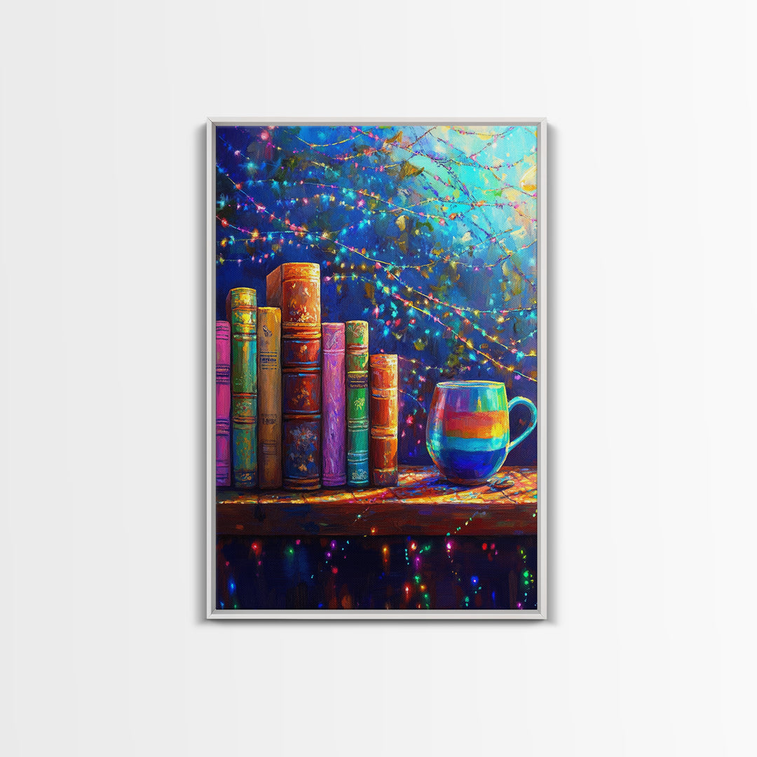 Cozy Books And Rainbow Mug Wall Art, Bookish Library Canvas Print, Reading Nook Decor, Gift For Book Lover, Cozy Home Decor