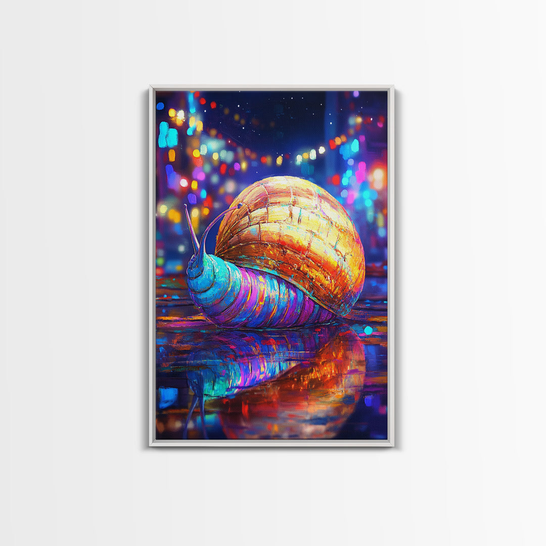 Neon Snail On Rainy Street Wall Art, Whimsical Animal Canvas Print, Cyberpunk City Decor, Funny Gift For Animal Lover, Vibrant Wall Decor
