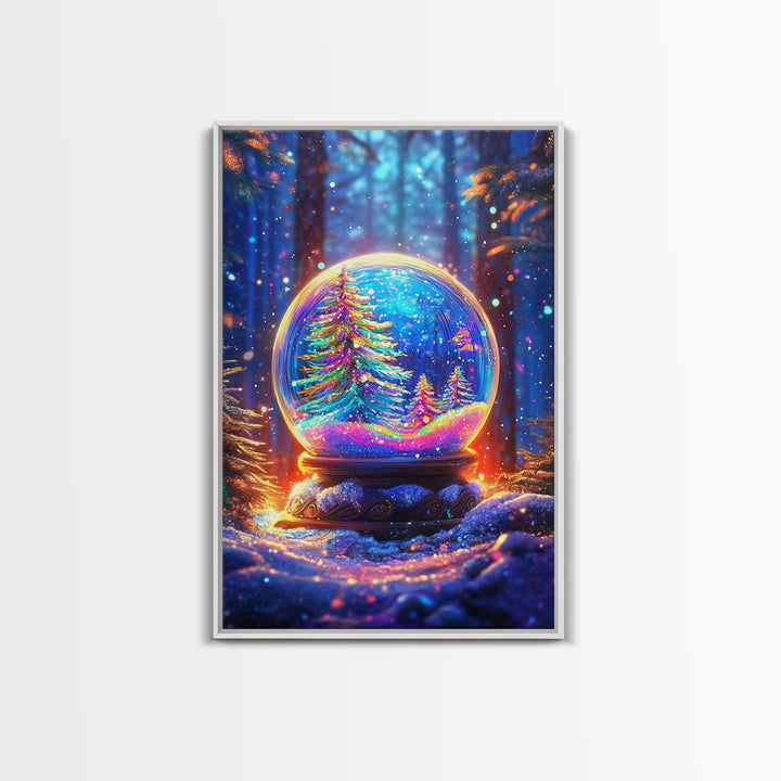 Glowing Winter Forest Snow Globe Framed Canvas Print, Christmas Wall Art, Cozy Holiday Decor, Magical Nature Gift, Living Room Decor