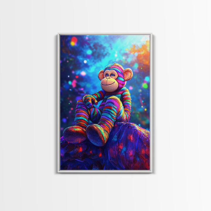Rainbow Sock Monkey On Rock Wall Art, Whimsical Animal Canvas Print, Cute Nursery Decor, Kids Room Decor, Playroom Wall Decor