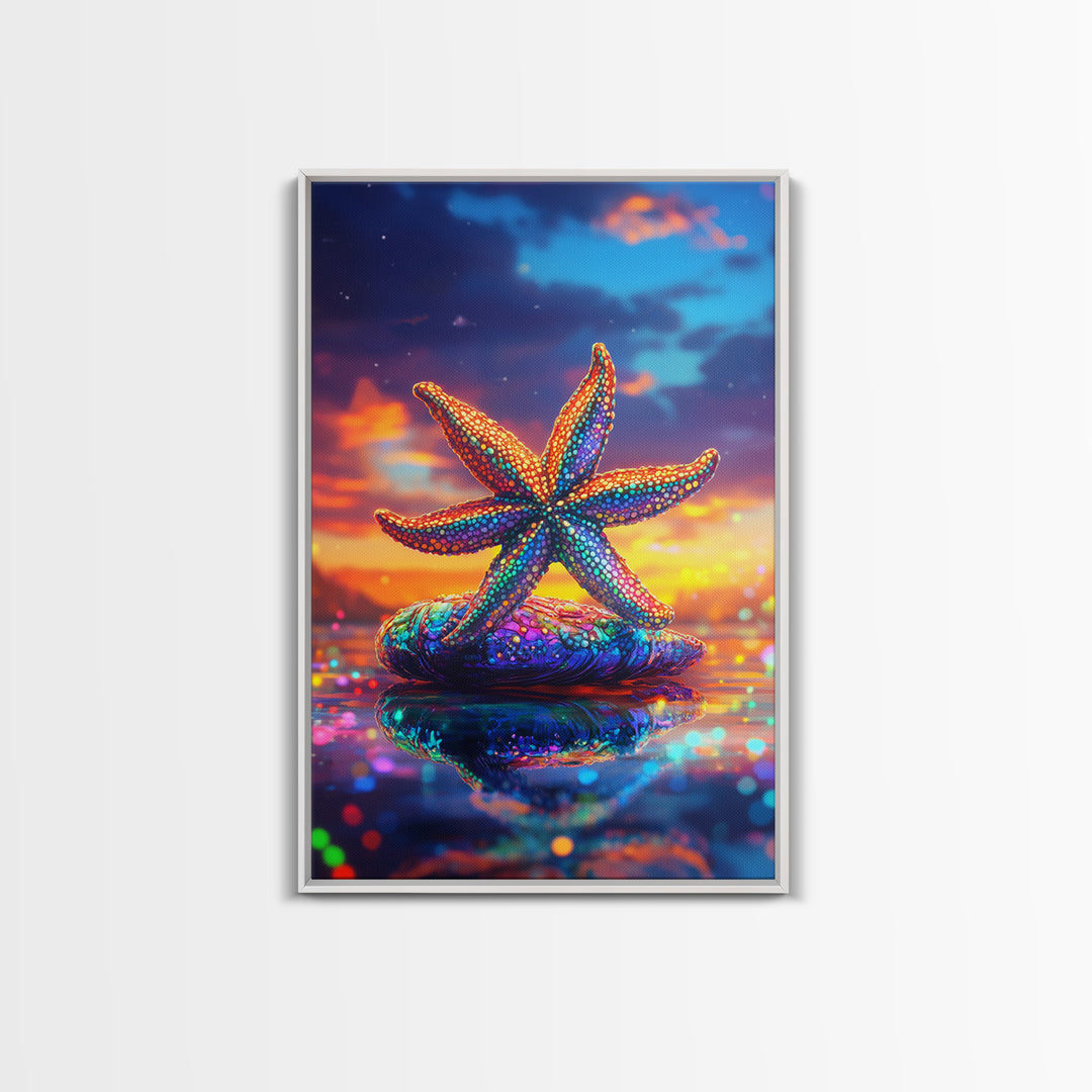 Beaded Rainbow Starfish On Shell At Sunset Canvas Print, Coastal Wall Art, Ocean Decor, Beach House Art, Gift For Her, Summer Decor