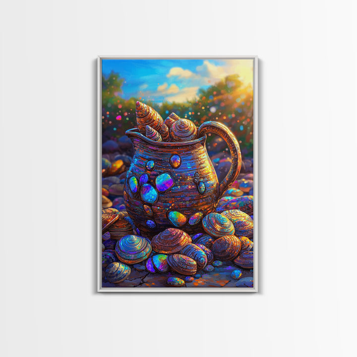 Iridescent Seashell Pitcher On Pebble Shore Wall Art, Coastal Canvas Print, Beach House Decor, Nautical Art For Living Room