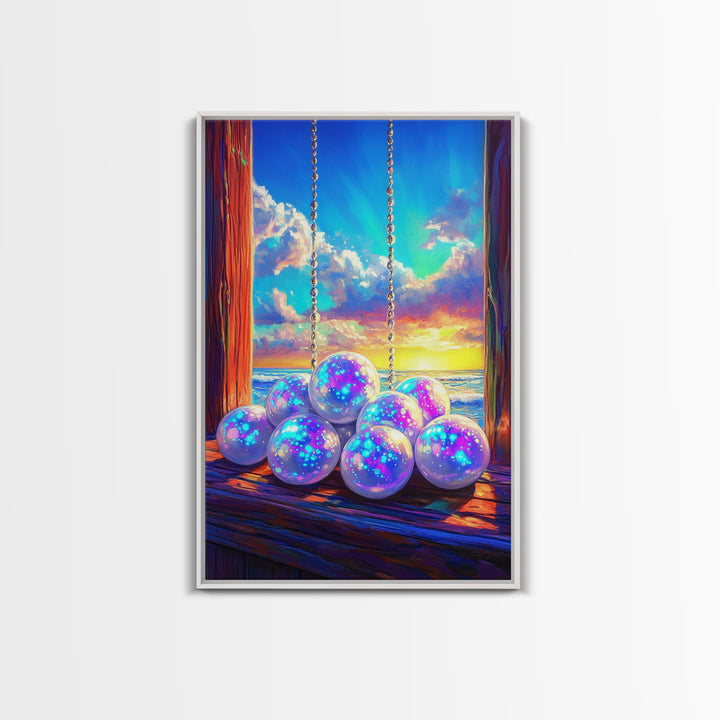 Glowing Pearl Swing At Ocean Sunset Wall Art, Coastal Canvas Print, Whimsical Beach Decor, Dreamy Seascape Art Print For Bedroom Decor